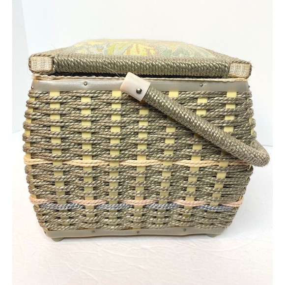Vintage Tapestry Fabric Cushion Covered Sewing Box Basket w Handle And  Goodies - Picture 8 of 16